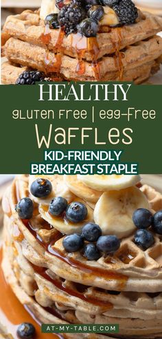 Tall stack of gluten-free, egg-free waffles topped with fresh blueberries, bananas, and a drizzle of syrup. A wholesome, kid-friendly breakfast staple for a healthy start to the day. Gluten Free Waffle Recipe, Classic Waffles, Dairy Free Waffles, Kid Friendly Breakfasts, Healthy Waffles, Vegan Waffles, Gf Breakfast, Gluten Free Waffles, Waffles Recipe