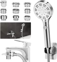 various types of shower faucets are shown in this image, including the head and handset