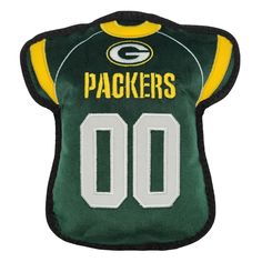 a green bay packers dog jersey with the number 00 in white and yellow on it