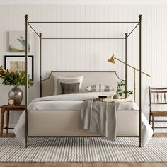 Birch Lane™ Heritage Williston Upholstered Canopy Bed Size: King, Color: Oil Rubbed Bronze/Parchment Fabric Coastal Cottage Bedroom, Beautiful Bed Designs, Simple Bed Designs, Four Poster Bed, Cama King, Cottage Bedroom, Simple Bed, Four Poster, Poster Bed