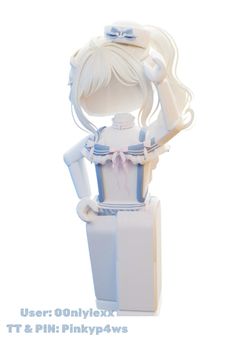 a white and blue figurine is standing up with her hands behind her head