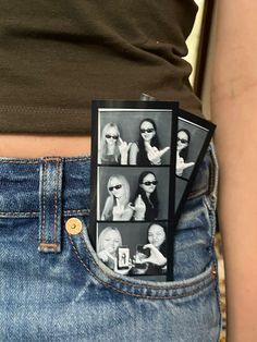 a woman's waist is shown with photos in her jeans and the bottom part of her pants has a cell phone attached to it