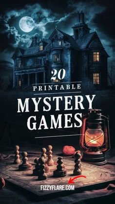 the poster for printable mystery games, featuring an image of a creepy house and chess pieces