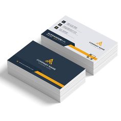 two business cards on top of each other, one with yellow trim and the other with blue