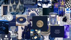 a collage of blue and white items with words written on them, including an album