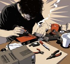 a man is working on some tools at a table with scissors and other items around him