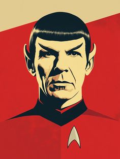 a star trek poster featuring spock in red and black with his eyes closed, staring intently at the viewer