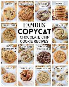 the famous copycat chocolate chip cookie recipe is shown in many different pictures, including cookies and