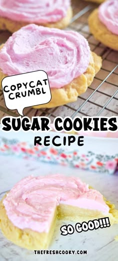 some cookies with pink frosting on them and the words copycat crumbl