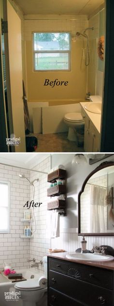 before and after photos of a bathroom remodel with white tile walls, black vanity sink, and bathtub