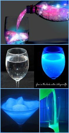 several different types of glassware with glowing colors and designs on them, including an iceberg