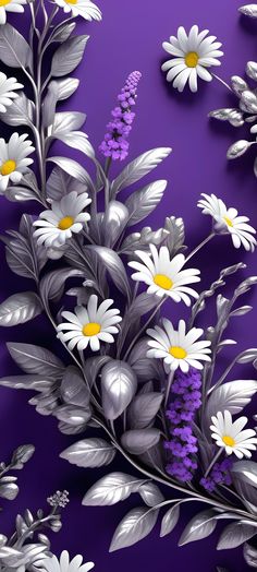 flowers and leaves on a purple background with white daisies in the foreground,