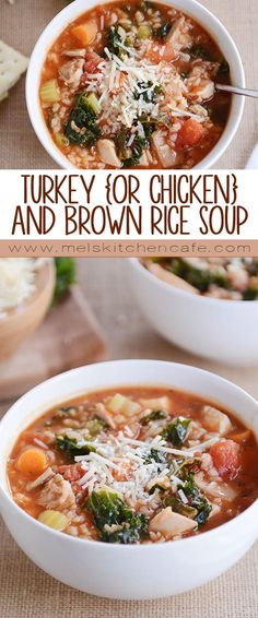 two bowls of turkey or chicken and brown rice soup