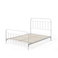 a white metal bed frame with wooden slats on the bottom and foot board, against a white background