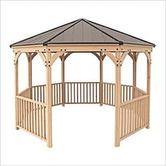 a wooden gazebo with a metal roof and railings on the sides, set against a white background