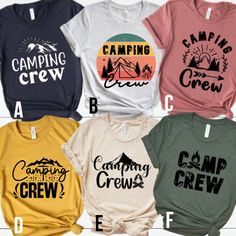 ⛺Camping Crew Shirts, Camping Shirt, Camping Buddies, Hiking Gift Shirt,  Vacation Shirt, Nature Lover, Adventure Lover, Gift for Best Friend, Mountain Camping Shirt, Explorer Shirts, Camping Adventure Gift This t-shirt is everything you've dreamed of and more. It feels soft and lightweight, with the right amount of stretch.  It's comfortable and flattering for both men and women.  * 100% combed and ring-spun cotton (Heather colors contain polyester) * Ash color is 99% combed and ring-spun cotto Camp Shirt Ideas, Matching Camping Shirts, Camping Crew Shirts, Camp Tshirt Designs, Camping Tee Shirts, Camping Attire, Camp Shirt Designs, Graphic Tee T-shirt For Camping, Custom Print Crew Neck T-shirt For Camping