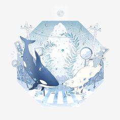 two orca whales are swimming in the water and surrounded by snowflakes