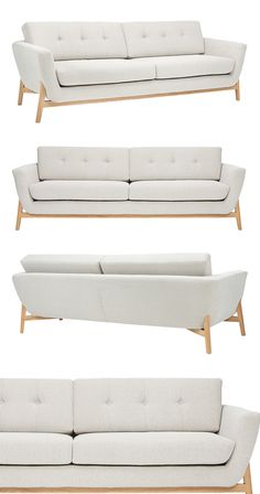 three different types of couches with wooden legs and backrests, all in white upholstered fabric