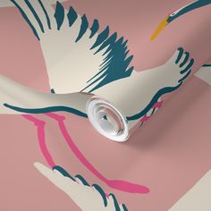 the wallpaper is pink, white and blue with an image of a bird on it