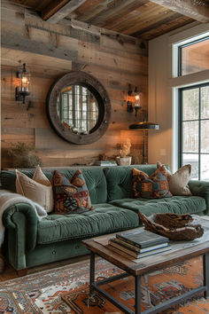 a living room filled with furniture and a large window covered in wood planks on the wall