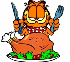 an image of a cartoon cat holding a knife and fork over a turkey on a plate