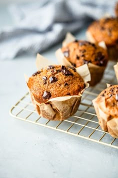 chocolate chip muffins cooling on a wire rack