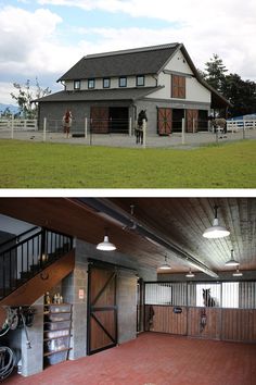 the inside and outside of a horse barn