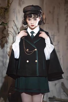 Black/Green Magic Academy Lapel Collar Gothic Vintage College Style L – LolitaInside Catholic School Uniforms, Detective Outfit, Academy Uniforms, Magic Academy, Outfit Blouse, Polka Dot Headband, Box Pleat Skirt, Gothic Vintage