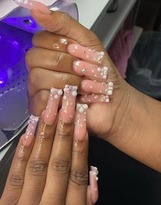 Square long nails, Nude with rhinestones and pearls Pearl Acrylic Nails Coffin, Medium Bling Nails, Square Long Nails, Prom 2k24, Medium Nails, Nails Nude, Diy Acrylic Nails