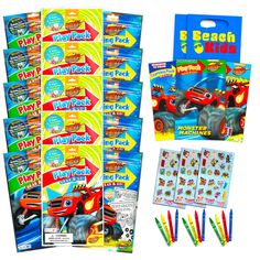 the children's activity pack includes stickers, markers and pencils