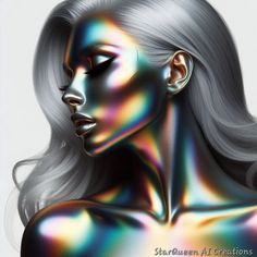 a woman's face is covered in multicolored holographics