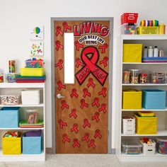 a door decorated with red ribbon and the words living is our best being