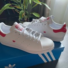 Brand New Comes With Box Color On Box Says Active Pink But It Looks Closer To Red To Me. White Low-top Sneakers As Gift, White Round Toe Sneakers For Gift, White Sporty Sneakers, Adidas White, Box Color, White Adidas, Woman Colour, Adidas Shoes, Adidas Women