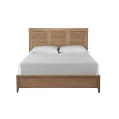 a bed with white sheets and wooden headboard on it's side, against a white background