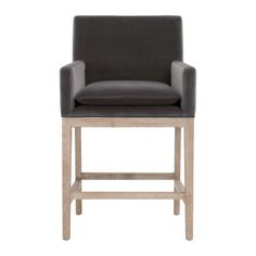 an upholstered bar stool with a black leather seat and wooden frame, viewed from the front