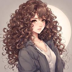 a drawing of a woman with long curly hair, wearing a gray jacket and white shirt