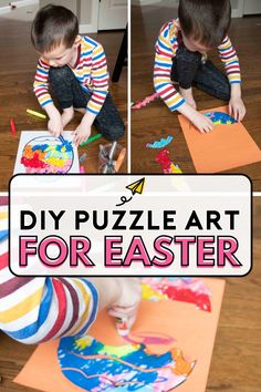 a kid is playing with some paper on the floor and making an art project for easter