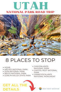 Boy hiking the Narrows in Utah. Text reads: Utah National Park Road Trip - 8 places to stop Usa Road Trips, 50 States Travel, Utah National Parks Road Trip, Utah Trip, Utah Camping, Trip To Grand Canyon