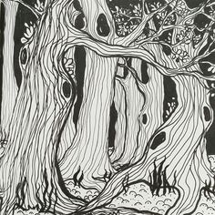 a black and white drawing of trees in the woods