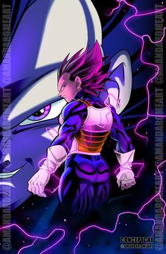 an anime character with purple hair and blue eyes, standing in front of lightnings