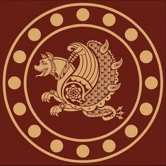 an image of a decorative animal on a red and brown background with circles around it