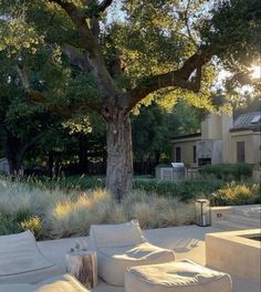 an outdoor seating area with white cushions and large tree in the background, surrounded by grass