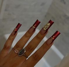 Nails Aesthetic 90s Red, Extra Long Acrylic Nails With Charms, Gold And Red Acrylic Nails, Red Catholic Nails, Gold And Red Nails Ideas, Red Gold Nails Design, Red 90s Nails, Cathedral Nails, Oldies Nails