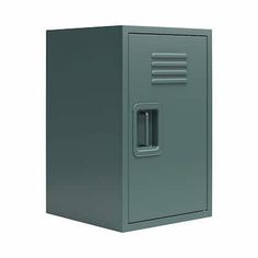 a gray metal cabinet with two doors and one door open on an isolated white background