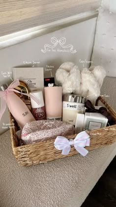 a wicker basket filled with personal care items