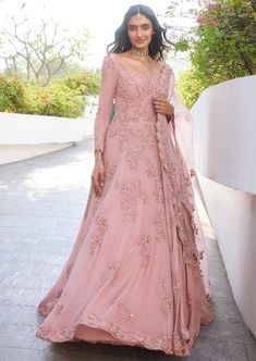 Pink Anarkali Gown, Dolly J, Chiffon Embroidery, Anarkali With Dupatta, Pink Anarkali, Tuxedo Accessories, Beach Wedding Guests, Luxury Pret, Embroidered Anarkali