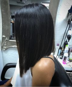 Tri One Length Haircut, Sharp Long Bob, Reverse Long Bob Haircut, Angled Bob Dark Hair, Black Long Bob Hairstyles, Funky Lob Haircut, Long Bob Haircut Round Face, 2023 Straight Hair Trends For Women, Angled Medium Length Hair