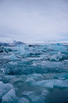 the ice is melting and there are many pieces of ice on the ground in the water