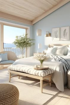 a bedroom with a large bed and two chairs in front of a window that overlooks the ocean