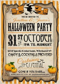 an old fashioned halloween party poster with pumpkins